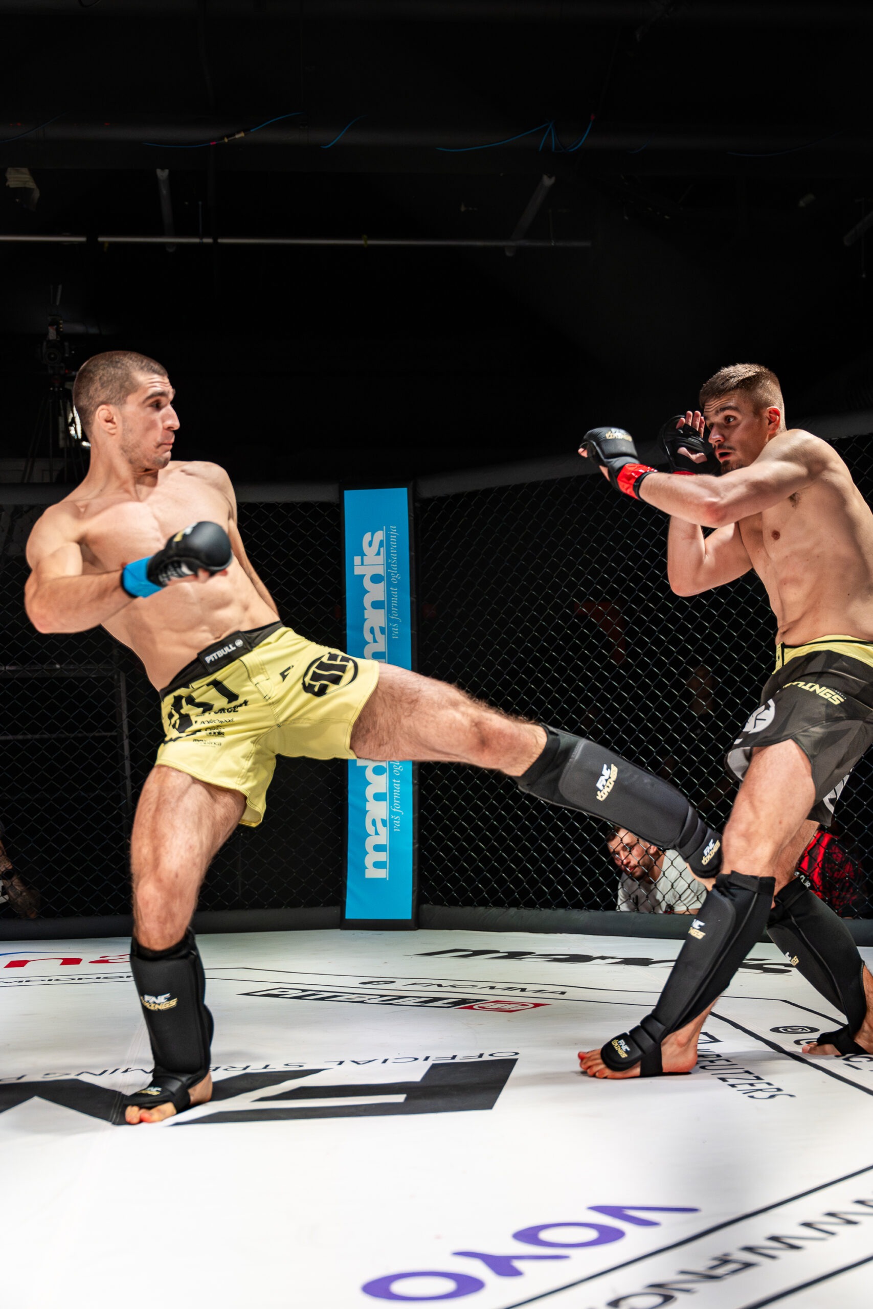 MFC-Kämpfer Zsolt Balint trifft seinen Gegner im MMA-Cage mit einem Calf Kick